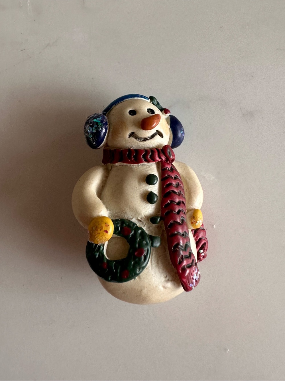Festive Vintage Snowman Brooch in Cream with Red Scarf and Green Wreath